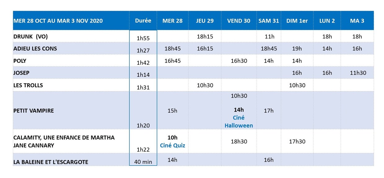 Horaires Des Séances Du Film Vanille 2020 Les horaires du 28 octobre au 3 novembre 2020